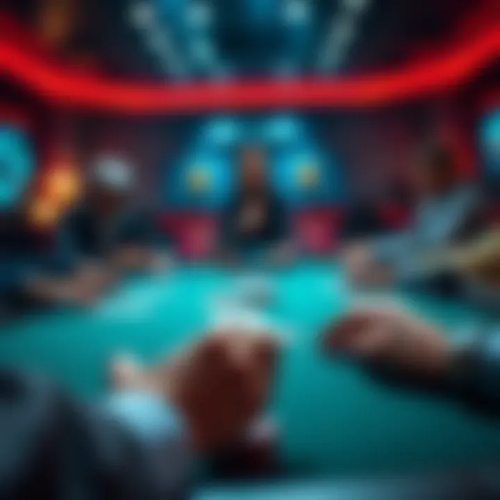 C-Bet Strategy Explained A poker table showing players making bets, focusing on a player considering a c-bet after the flop, with cards and chips visible.