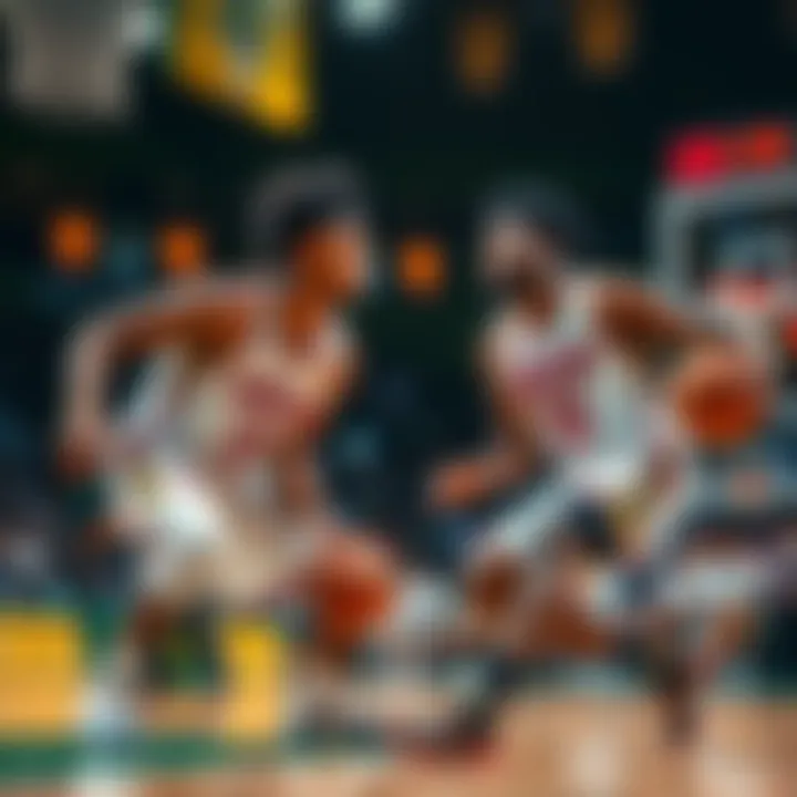 Cade and Jalen on the court during an intense basketball game, showcasing their skills with score points visible.