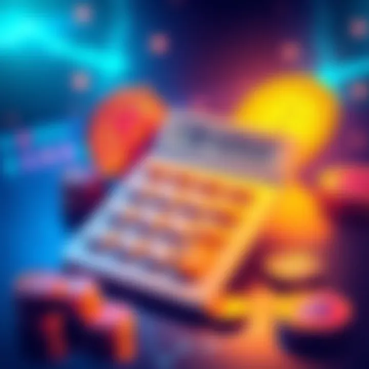 Illustration showing a calculator and cryptocurrency symbols, representing the calculation of bonuses after making deposits, with a focus on a 500 dollar deposit and 10,000 dollar wager.