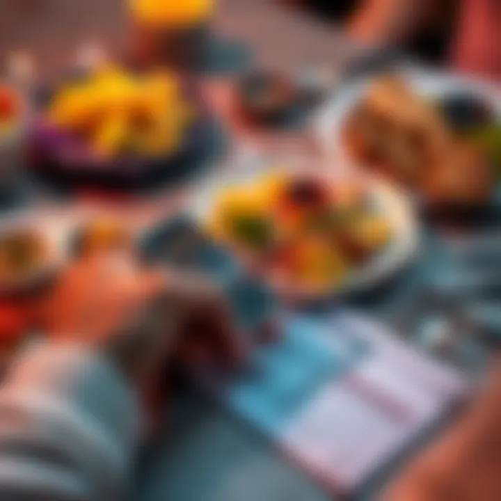 A person calculating expenses for dinner using a calculator and notepad with plates of food in the background.