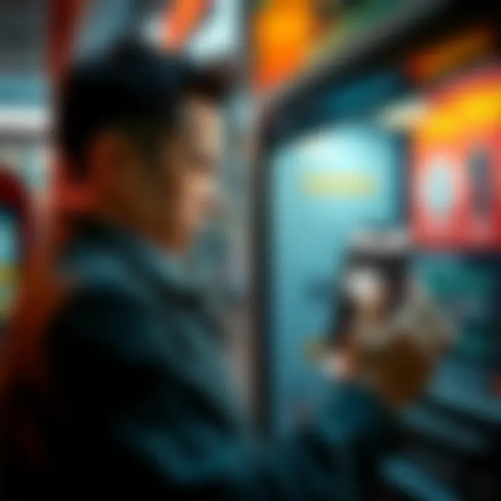 A frustrated person at a California lottery machine not accepting coins, showing a losing ticket and a smartphone with a broken app interface.