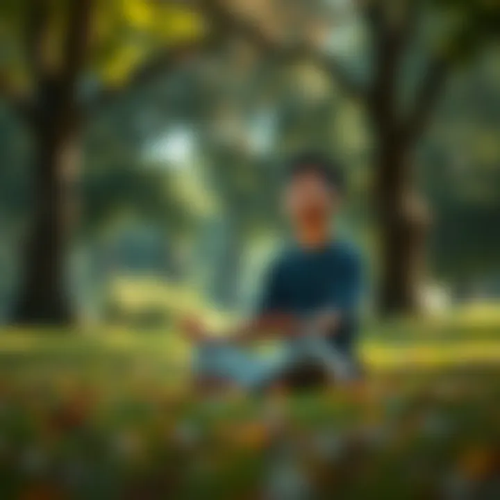 A serene person sitting cross-legged in a park, practicing mindfulness with a peaceful expression while surrounded by nature.