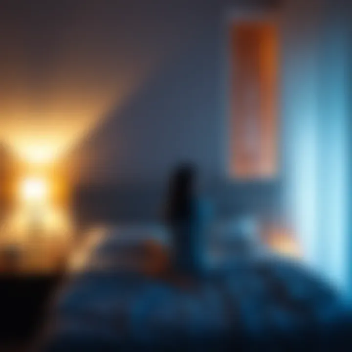 A serene bedroom scene with a person sitting quietly on the bed, contemplating with a soft glow from a bedside lamp.