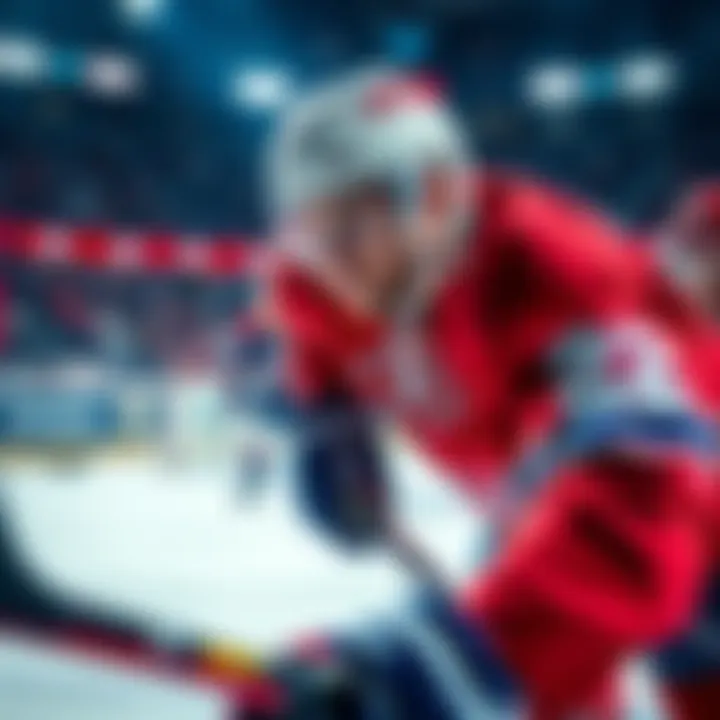 A hockey player from the Canadiens team in action during a game, showcasing their team colors and logo.