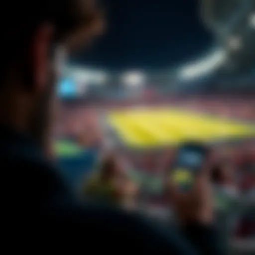 A person looking at a sports betting app on a smartphone, contemplating the cancellation of a bet, with sports event graphics in the background.