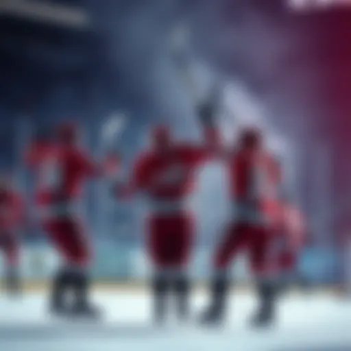 Capitals players celebrating a goal during a hockey game