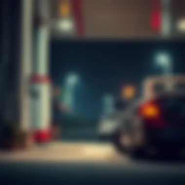 A car parked at a gas station in a quiet town, with a person filling the tank while looking around cautiously.