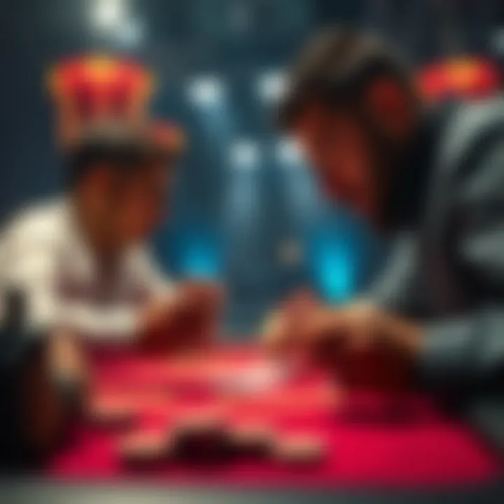 A player studying their opponent’s hand during a high-stakes card game with a large pot.