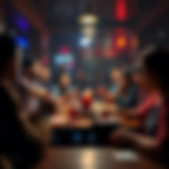 A group of people enjoying card games at Rounders Card Club with drinks and food on the table