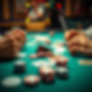 A close-up of a card game table with players holding their hands and focused on the game, highlighting various cards and chips.