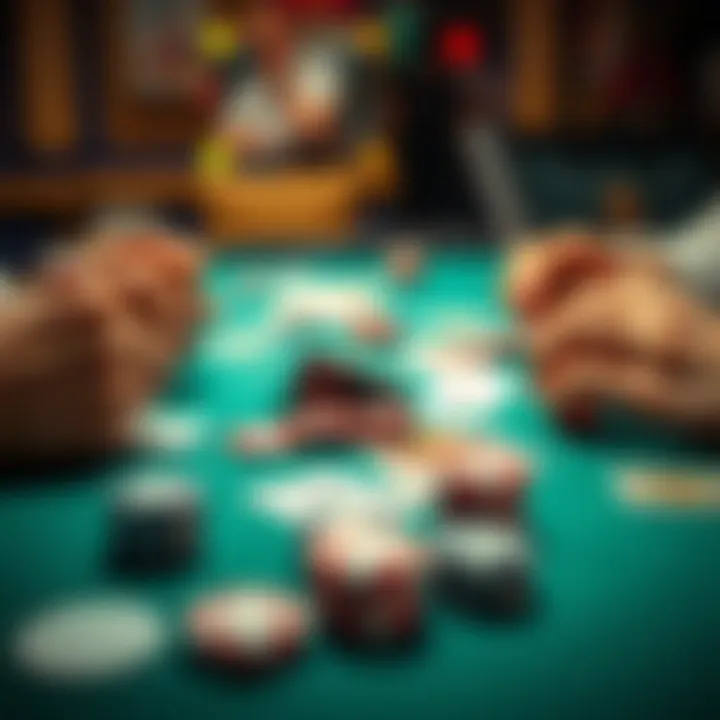 A close-up of a card game table with players holding their hands and focused on the game, highlighting various cards and chips.