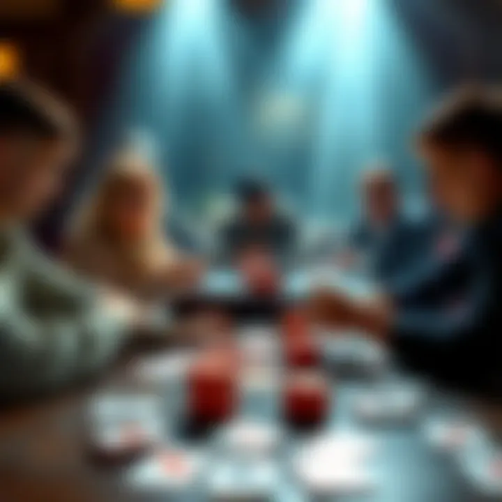 A table showing players engaged in a card game, focusing on a strategy involving a hi-lo system with cards laid out in front of them.