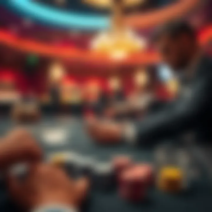 A card counter at a casino table in France, focused on playing cards and chips, surrounded by a lively gaming environment.