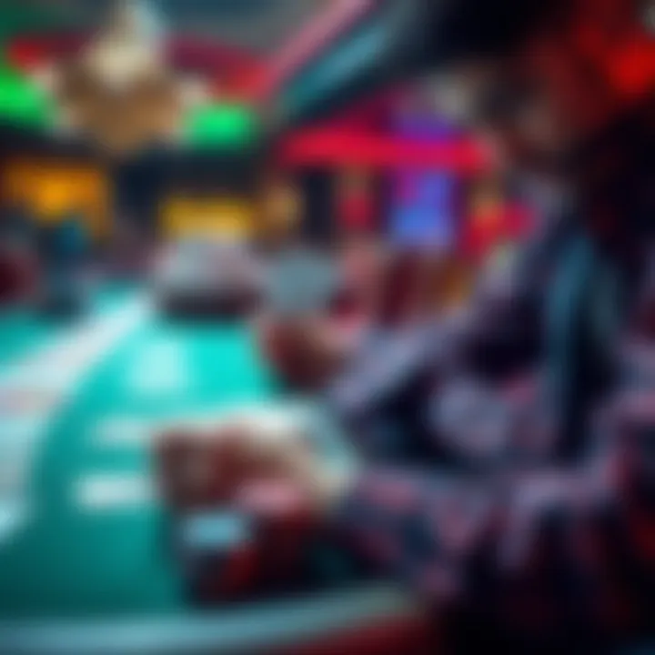 A person studying card counting and betting strategies at a casino table with playing cards and chips in view.