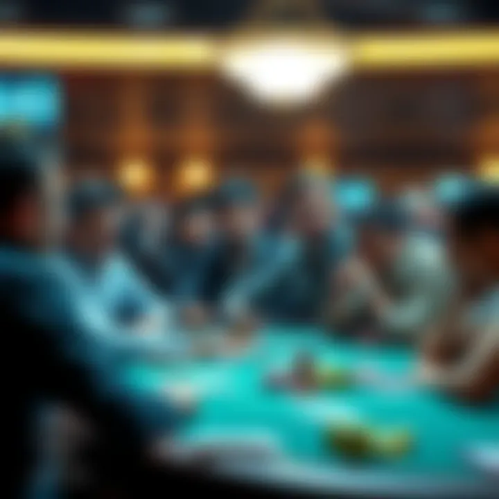 A group of people engaging in a lively discussion about card counting strategies at a casino forum