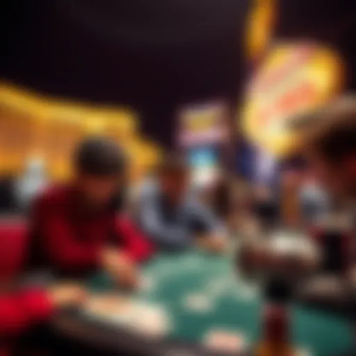 A group of people working together at a casino table, focused on card counting techniques, with Las Vegas lights in the background