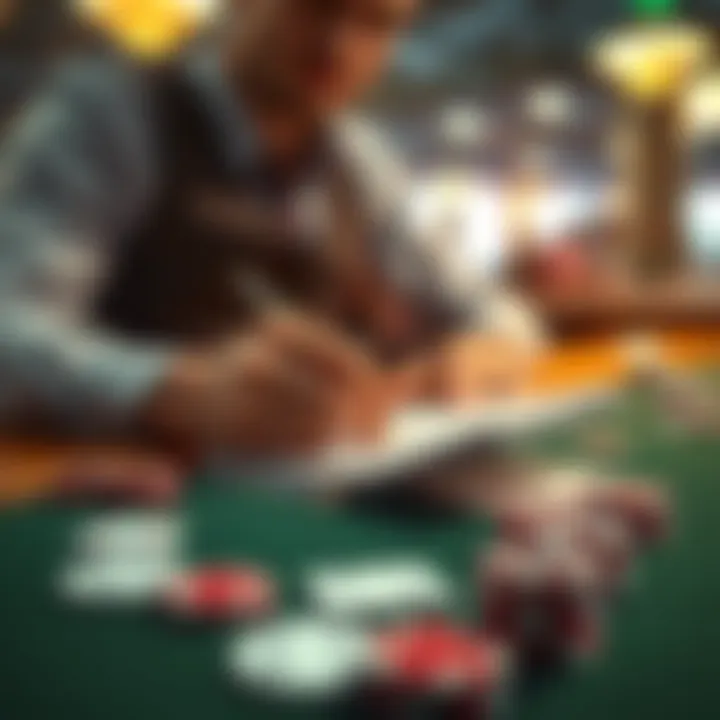 A person sitting at a table with playing cards and a notebook, taking notes on card counting strategies.