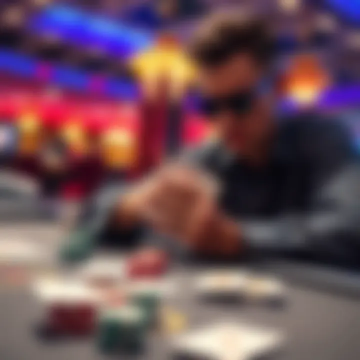 A person sitting at a casino table, focused on counting cards with playing cards in hand and chips on the table