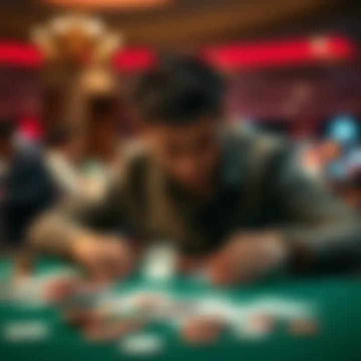 A player looks frustrated at a table while playing the card game dealer 7 card 21, with cards scattered and chips piled up, showing the struggle of a tough game day.