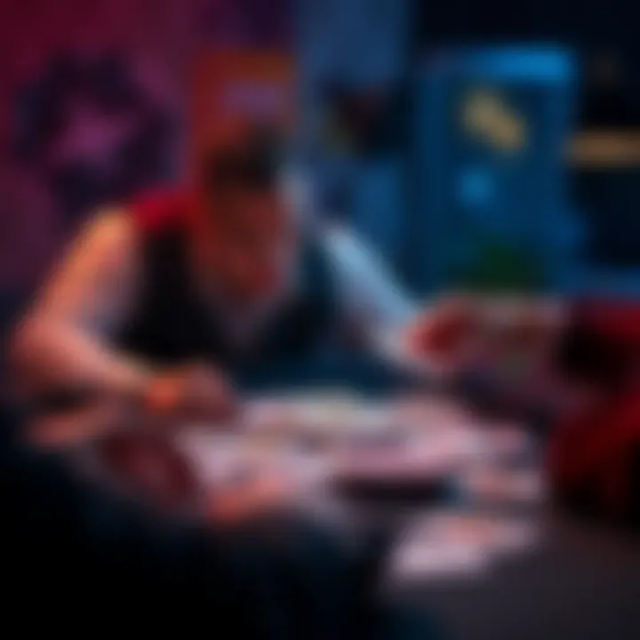 A player contemplating a risky move with cards spread on the table, showing a mix of emotions