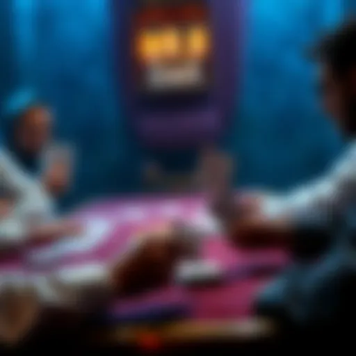 Players at a card table displaying their cards with one player revealing only one card, showcasing the dynamics of play and etiquette in card games.