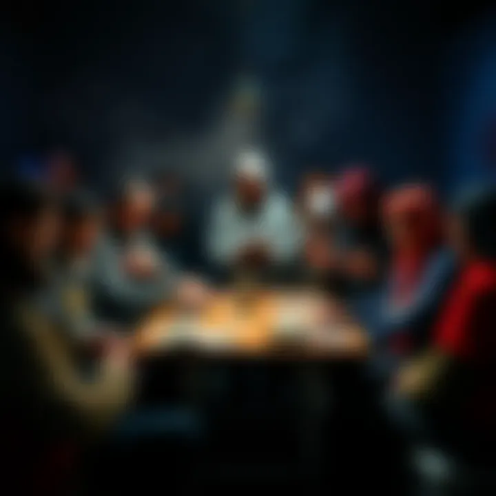 Group of players engaged in card rituals A diverse group of players standing around a table with cards, performing rituals and discussing beliefs related to their card game faith.