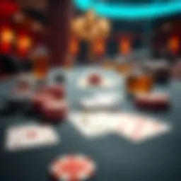 A table set with playing cards, poker chips, and drinks, reflecting a casual card game atmosphere