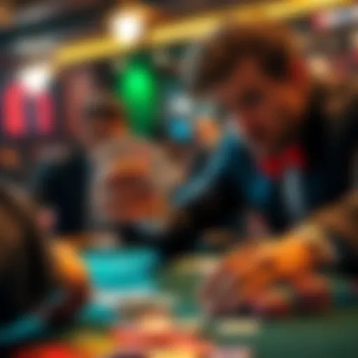 A person betting big in a card game during a tie situation, focused on their cards and chips.