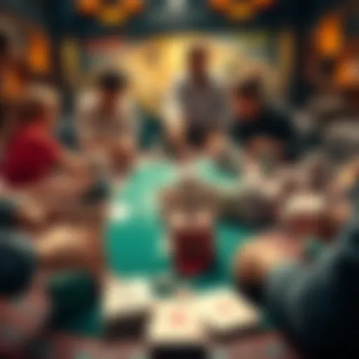 A collection of different card games displayed on a table, showing various card designs and people playing together.