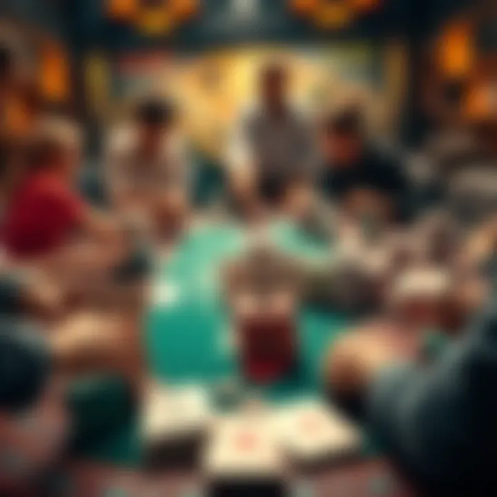 A collection of different card games displayed on a table, showing various card designs and people playing together.