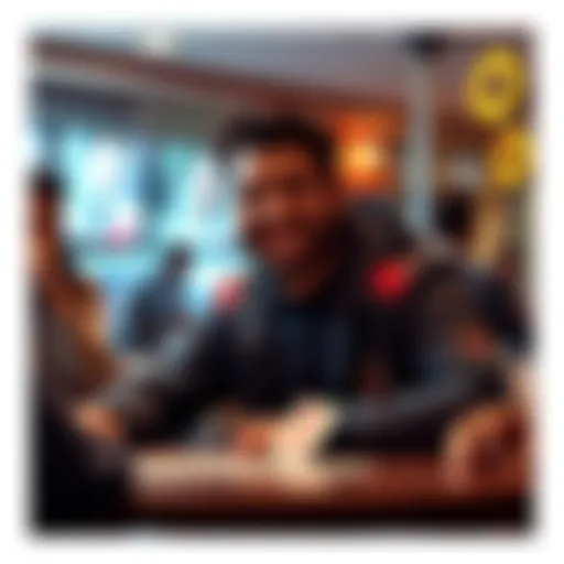 A card player smiling confidently at a table with friends, showcasing a special chair marked as the 'lucky chair'.