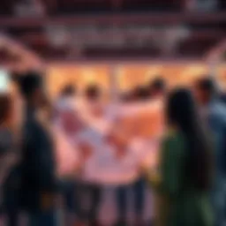 A diverse group of people looking at a map with career options labeled on it