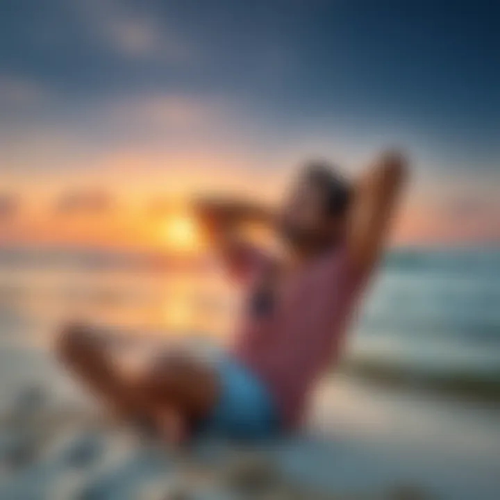 A person sitting on a beach, letting go of worries with a relaxed expression