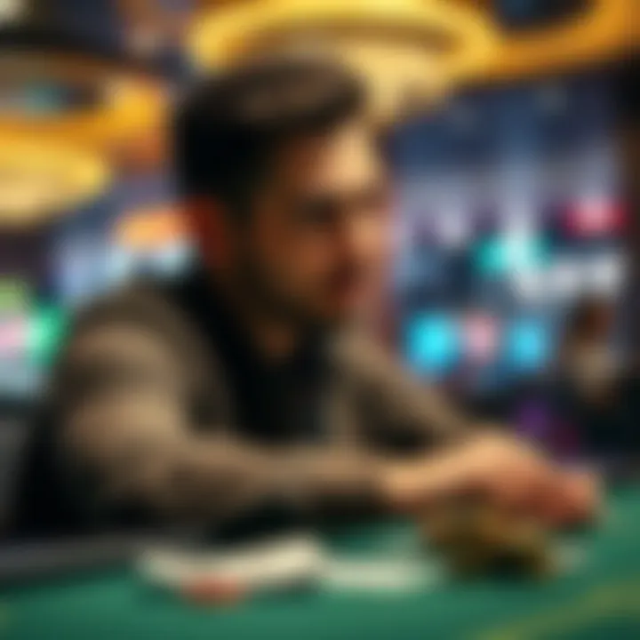 Cash out decision in gambling A person contemplating cashing out or continuing a bet at a gaming table, showing a thoughtful expression