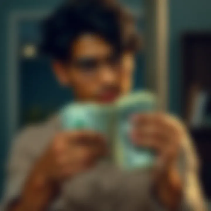 A person holding cash with a thoughtful expression, weighing options about withdrawing funds from an account.