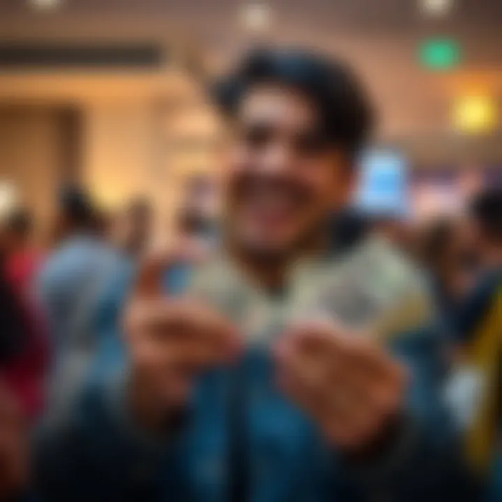 Cash prize withdrawal A person holding a winning lottery ticket and cash in their hands, looking excited and happy.