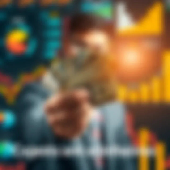 Cash Bonus Concept A person holding cash with graphs and charts in the background, representing financial strategies for maximizing cash bonuses.