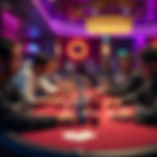 Players engaged in a cash game, focused on their cards and chips at a poker table in a lively casino room.