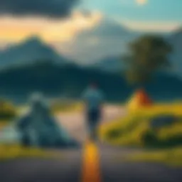 A person standing at a crossroads, one path leading to a pile of cash and the other leading to a scenic adventure, contemplating the choice between money or a trip.