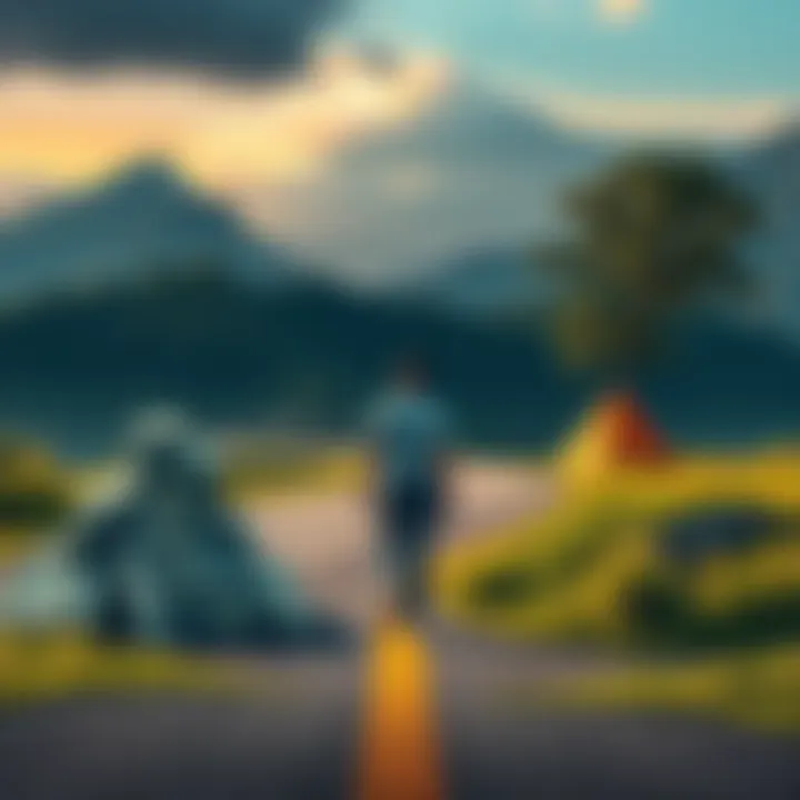 A person standing at a crossroads, one path leading to a pile of cash and the other leading to a scenic adventure, contemplating the choice between money or a trip.