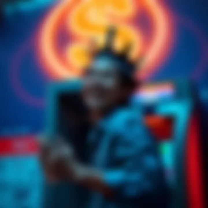 A person happily withdrawing cash from an ATM with a glowing dollar sign above them, symbolizing the Cash Out King phenomenon.