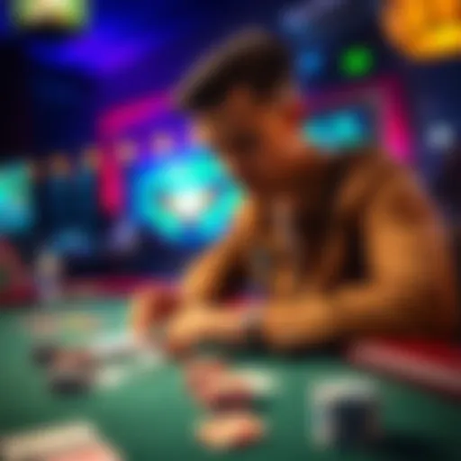 A person contemplating whether to cash out their winnings or continue playing at a game table with chips and cards.