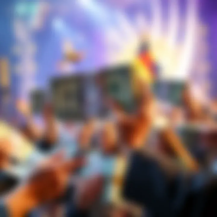 Bundles of cash representing $15,000 in prizes being handed out to excited participants