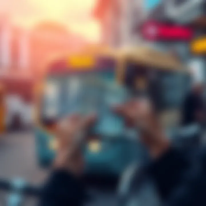 A person holding cash while looking at different transportation methods like a bus, taxi, and bike.