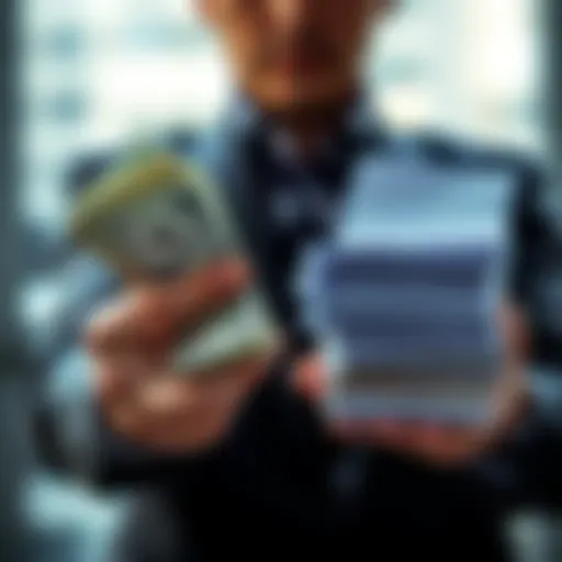 A person holding cash in one hand and a stack of investment documents in the other, contemplating their financial future.