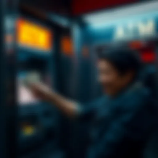 A person withdrawing cash from an ATM, looking relieved and satisfied after a challenging week.