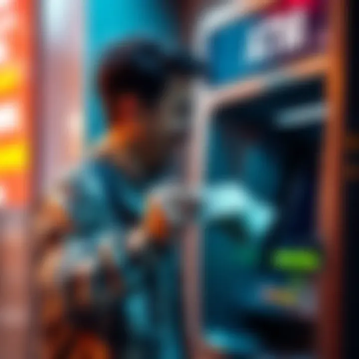 A person withdrawing cash from an ATM, showcasing excitement over winning a large amount from a small investment.