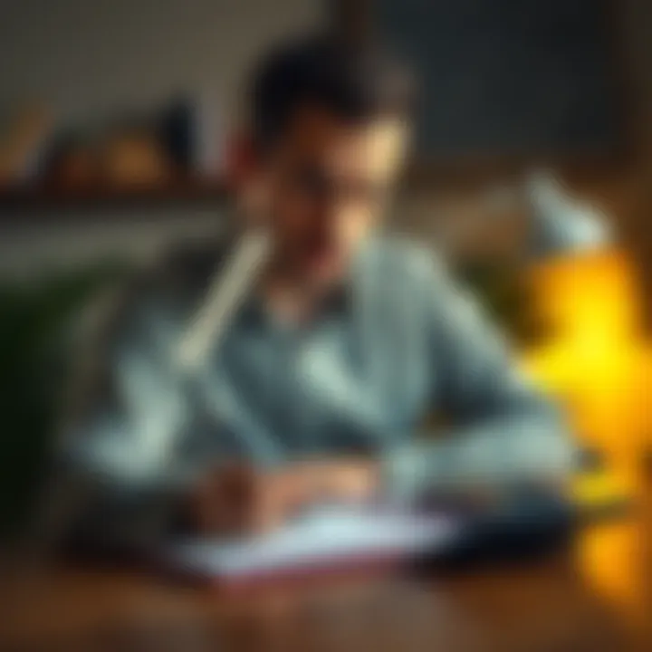 Individual thinking about withdrawing money with a notebook and calculator on the table