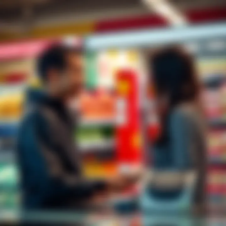 Cashier at a convenience store asking a customer about lottery winnings after printing a ticket