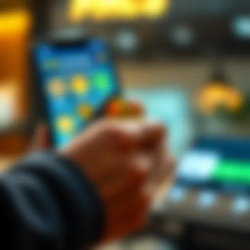 A person holding a credit card and a smartphone with cryptocurrency icons on the screen, symbolizing cashing out winnings.